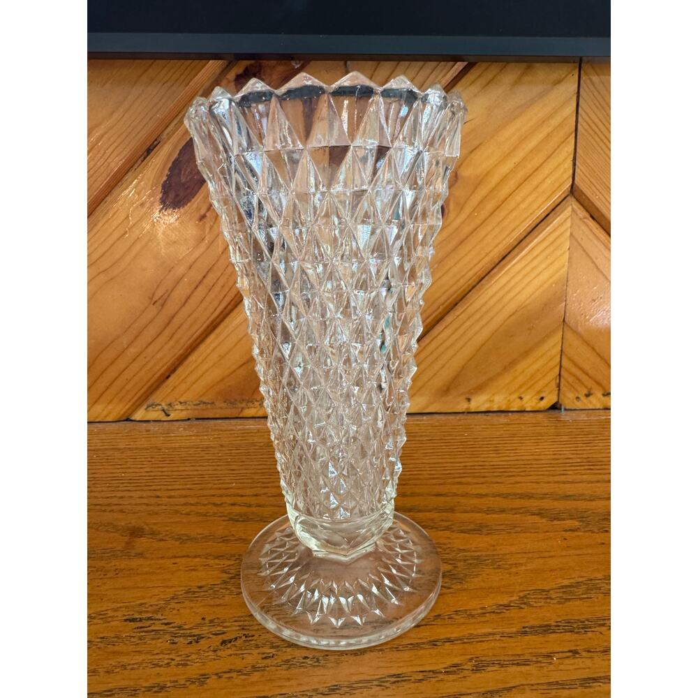 Vintage Diamond Point Clear Glass Footed Vase Trumpet Pressed Glass 8.5”